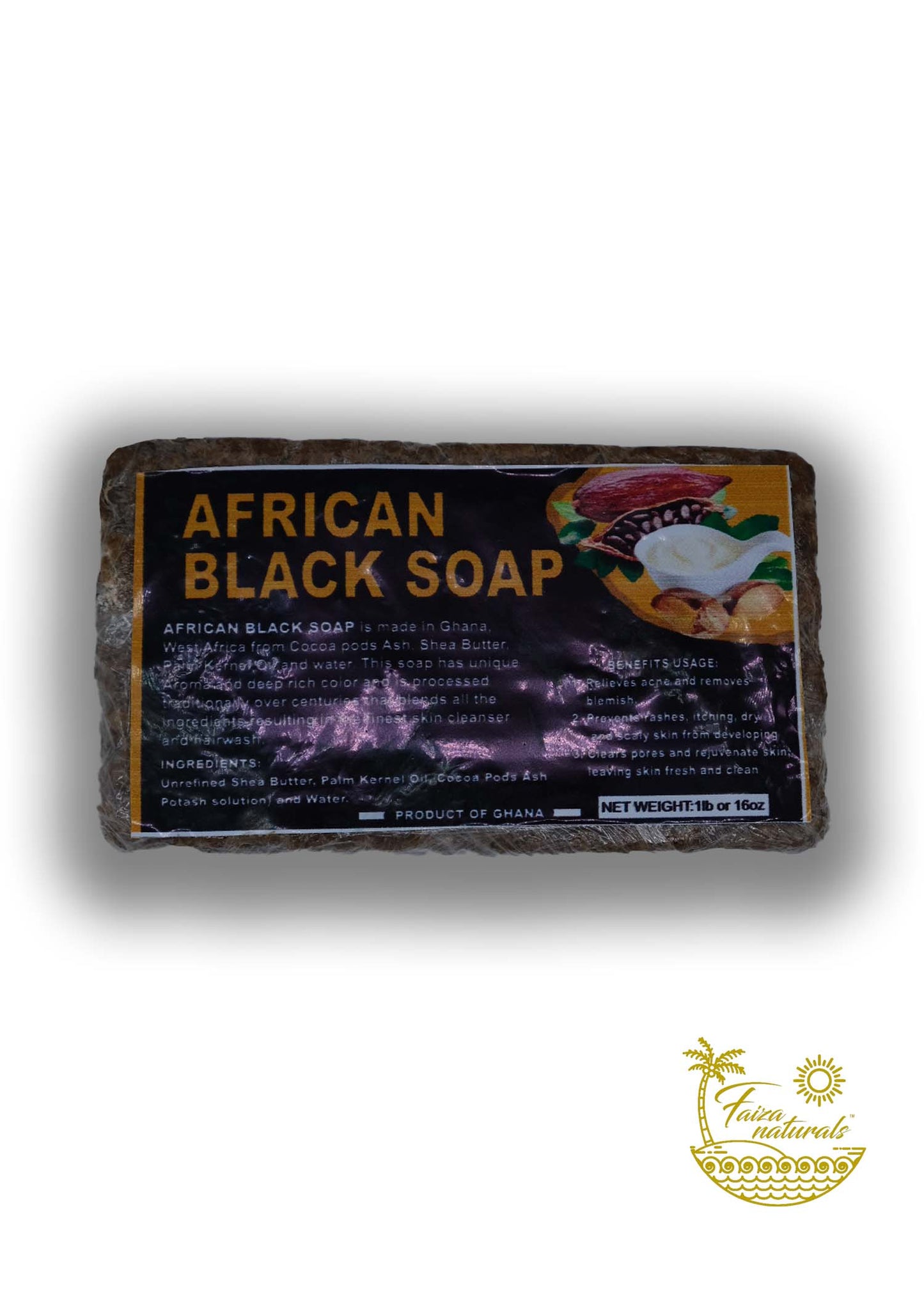 Faiza Naturals African Organic Black Soap imported from Ghana (1 Pound Bar)